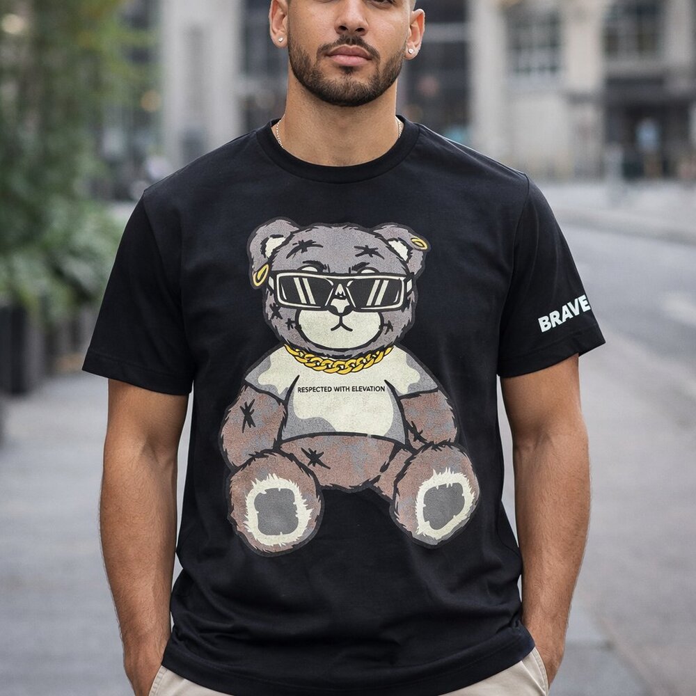 Brave Black T-Shirt with Cool Bear Design